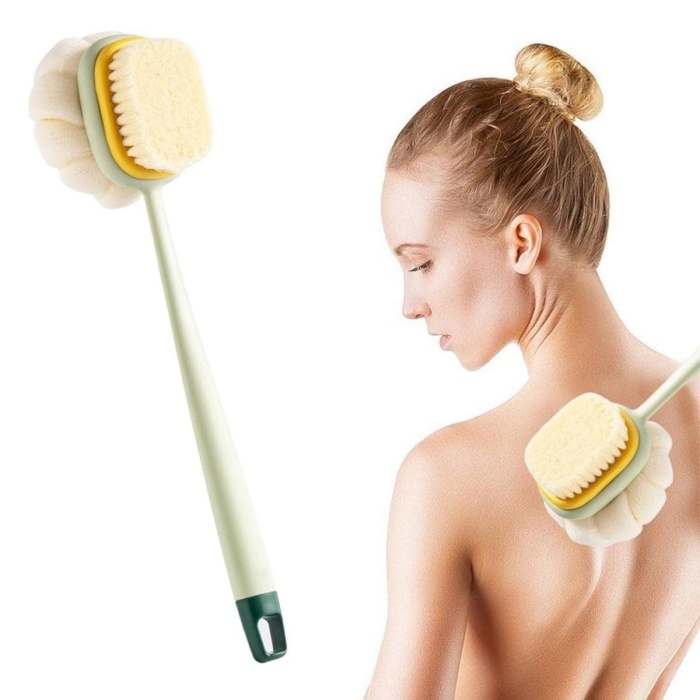 2&amp;apos;si 1 Arada Çift Taraflı Uzun Saplı Fırçalı Banyo Vücut Sırt Fırçası Banyo Lifi 