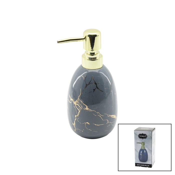 DİKEY TOMBUL GRİ MERMER DESEN SERAMİK SIVI SABUNLUK GOLD KAPAK (4549)