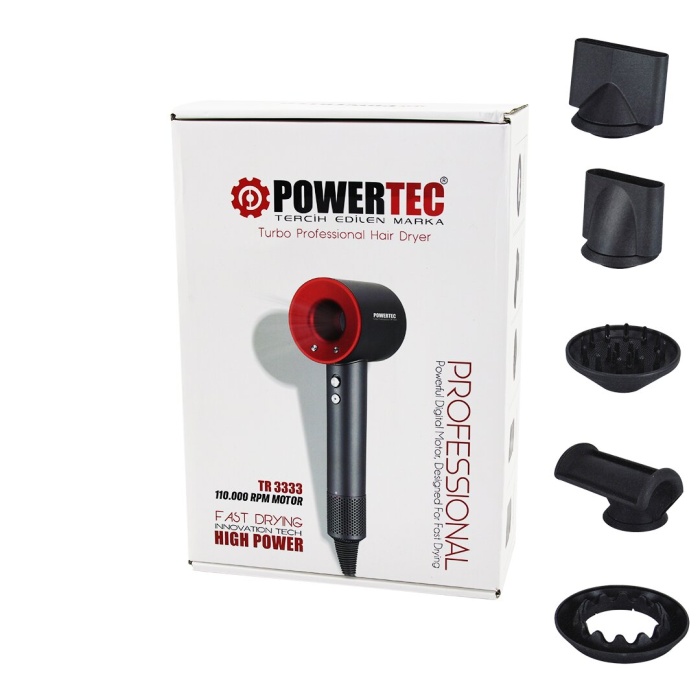 PLAZMA SAÇ KURUTMA - FÖN MAKİNESİ TURBO PROF 5 PCS UÇ - 3 KADEME SICAKLIK - HASSASİYET HIZLI KURUTMA  TR-3333 (4549)