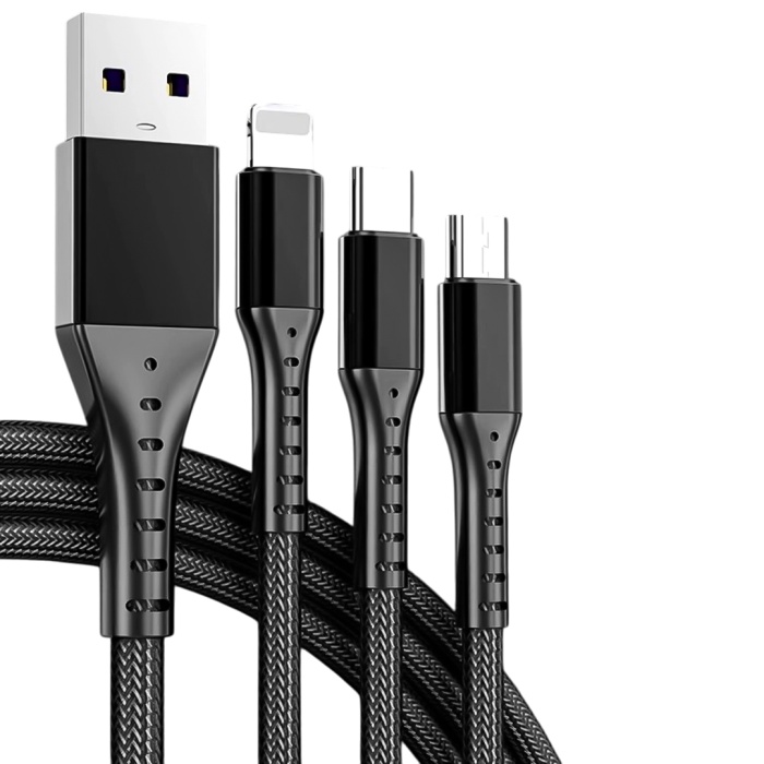 3IN1 SİYAH 1.2 METRE (MICRO USB - LIGHTNING - TYPE C) TELEFON ŞARJ KABLOSU (4549)