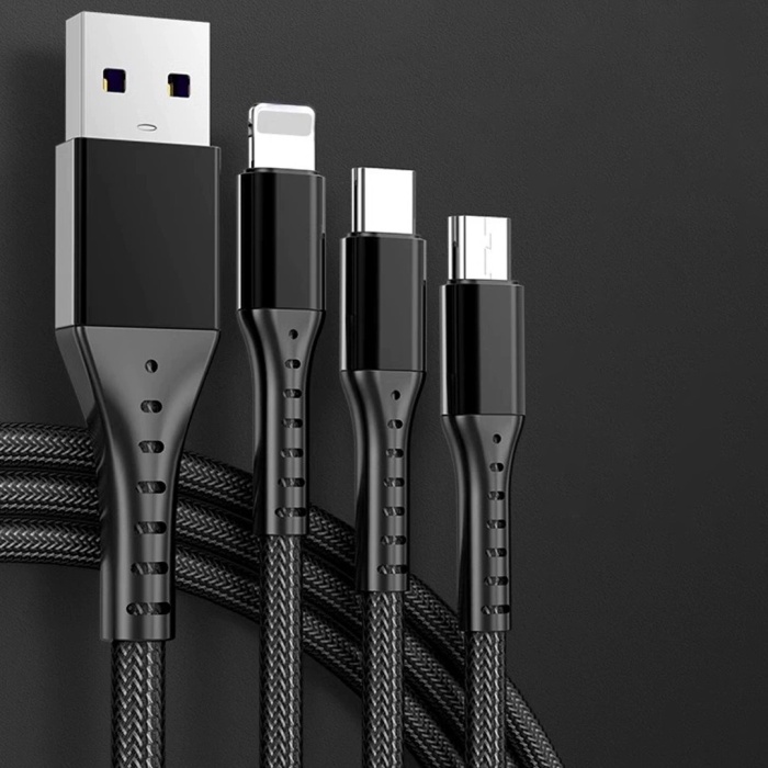 3IN1 SİYAH 1.2 METRE (MICRO USB - LIGHTNING - TYPE C) TELEFON ŞARJ KABLOSU (4549)