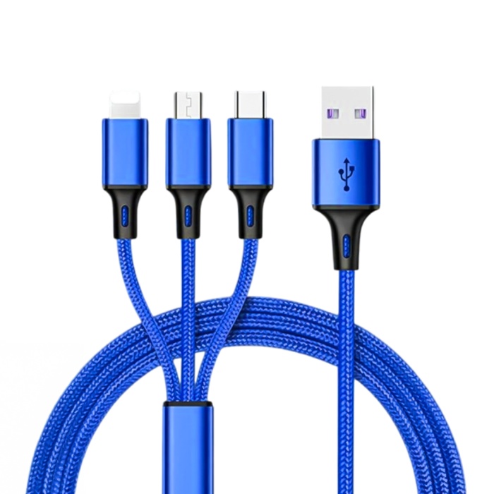 3IN1 MAVİ 1.2 METRE (MICRO USB - LIGHTNING - TYPE C) TELEFON ŞARJ KABLOSU (4549)