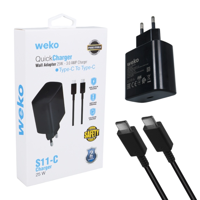 S11-C 25 WATT SİYAH ŞARJ BAŞLIK ADAPTÖRÜ + TYPE-C TO TYPE-C KABLO (4549)