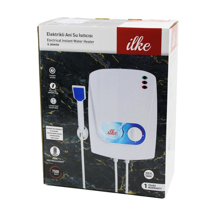 İLKE IL-2024/02 ELEKTRİKLİ ŞOFBEN 7500W 3 KADEMELİ ISI AYARI 7 EMNİYET SİSTEMİ DUŞ BAŞLIK--ASKI - HORTUM - APARAT (4549)