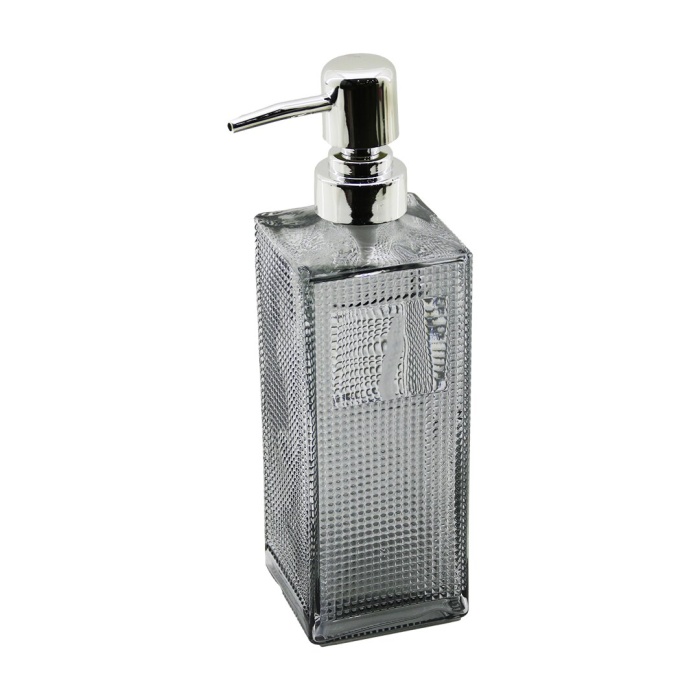 CAM KARE - ŞEFFAF ŞİŞE--BUZLU NOKTA DESEN SIVI SABUNLUK 450ML GÜMÜŞ PLASTİK POMPA (4549)