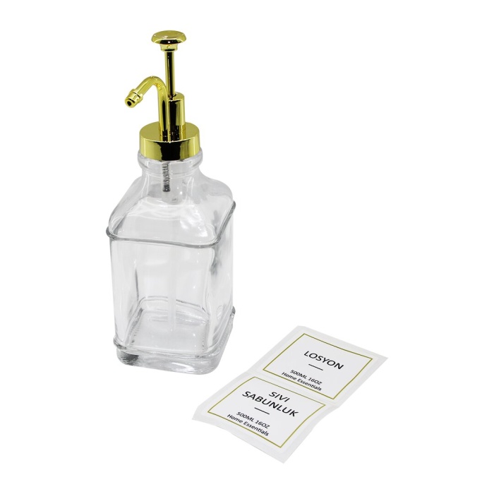 KARE   CAM ŞİŞE ŞEFFAF  DAMLATMAZ YAĞDANLIK 500ML POMPA - MUSLUK AYRIK MODEL BAŞLI (4549)