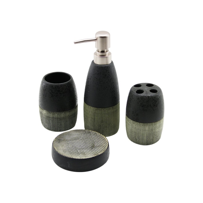 4 PCS ANTRASİT GRİ - KREMSERAMİK BANYO TEMİZLİK SETİ SIVI - KATI SABUNLUK - DİŞ FIRÇALIK - MACUNLUK (4549)
