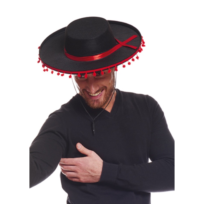 Kırmızı Ponponlu Siyah Renk Yetişkin İspanyol Şapkası (4549)