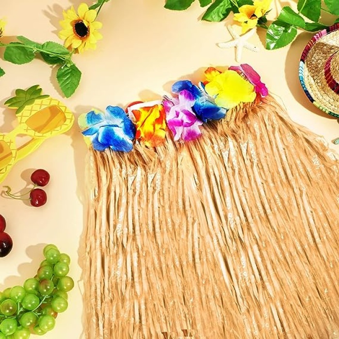 Yetişkin ve Çocuk Uyumlu Saman Renk Hawaii Luau Hula Etek 40 cm 12 Adet (4549)