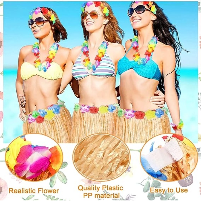 Yetişkin ve Çocuk Uyumlu Saman Renk Hawaii Luau Hula Etek 40 cm 12 Adet (4549)
