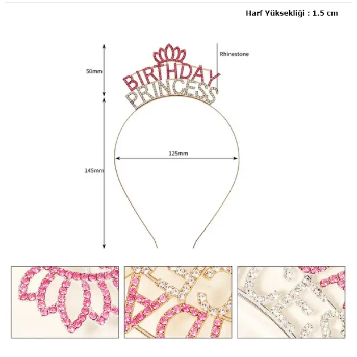Kristal Taşlı Pembe Birthday Princess Yazılı Parti Tacı 19x11 cm (4549)