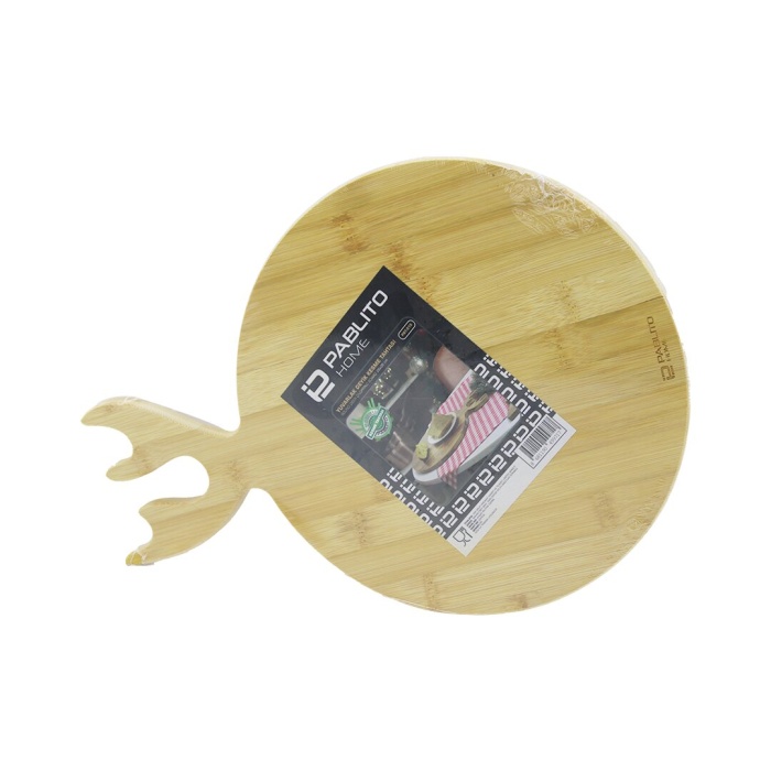 YUVARLAK AHŞAP BAMBU KESİM PANOSU - KESME TAHTASI GEYİK BOYNUZ FİGÜR SAPLI = 26CM (4549)