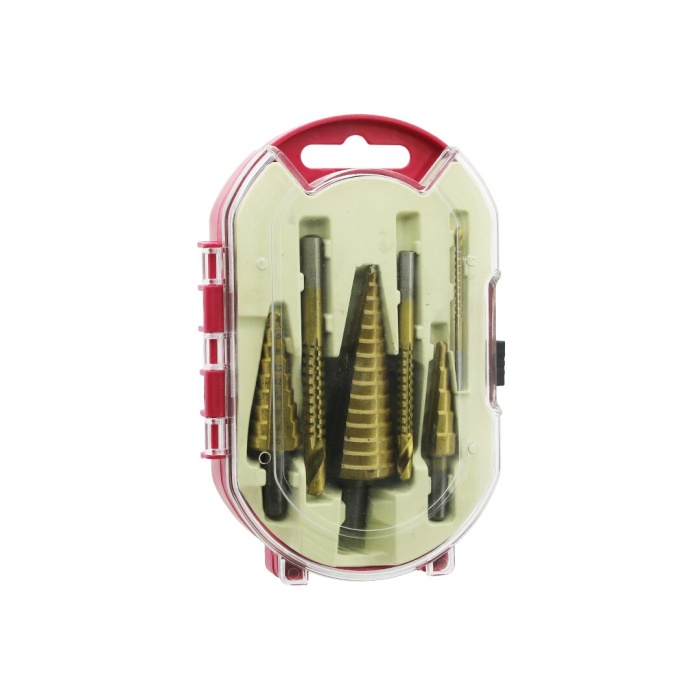 6PCS  KADEMELİ MATKAP UCU SETİ HSS ADIM - DÜZ OLUK - KONİK DELİCİ KIRMIZI PLS.AYAKLI KUTU - ŞEFFAF KAPAK (4549)