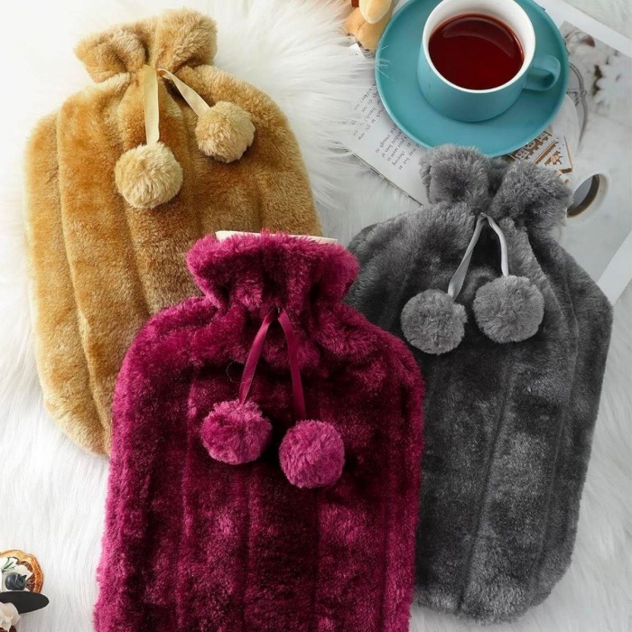2 Litre Ponponlu Peluş Sıcak Su Torbası 1.Sınıf Kauçuk Malzeme (4549)