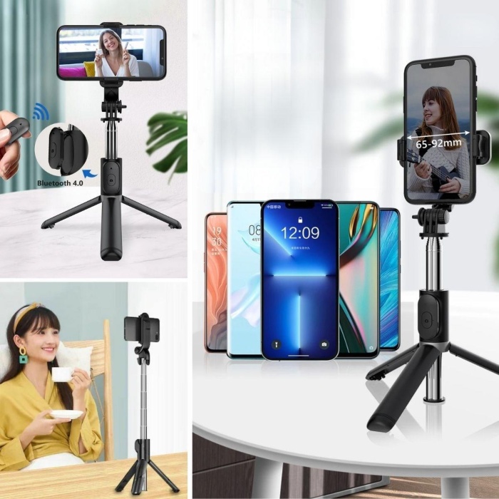 Masaüstü Tripod Olabilen Telefon Tutuculu Kablosuz Kumandalı Selfie Çubuğu (4549)
