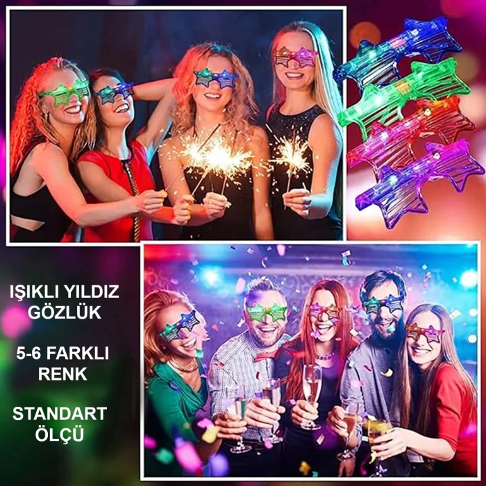 Işıklı Yıldız Gözlük Ledli Parti Gözlüğü 6 Renk 12 Adet (4549)