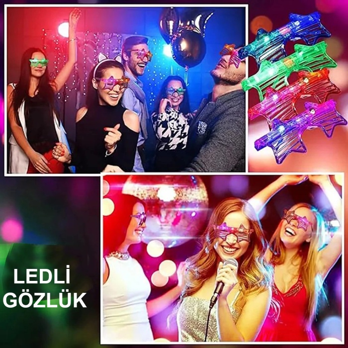 Işıklı Yıldız Gözlük Ledli Parti Gözlüğü 6 Renk 12 Adet (4549)