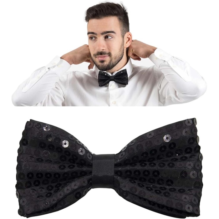 Gece Işıltısı Siyah Payetli Pullu Papyon 7x2 cm (4549)