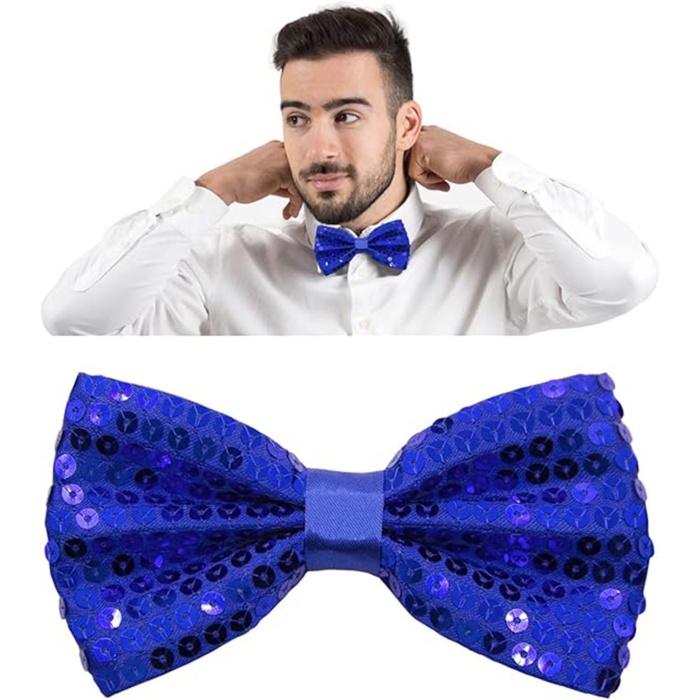 Gece Işıltısı Mavi Payetli Pullu Papyon 7x2 cm (4549)