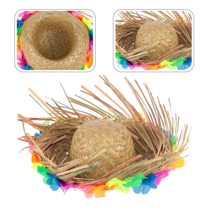 Naturel Renk Püsküllü Örme Hasır Hawaii Luau Aloha Şapka 13x36 cm (4549)