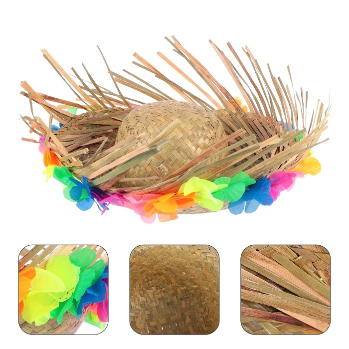 Naturel Renk Püsküllü Örme Hasır Hawaii Luau Aloha Şapka 13x36 cm (4549)
