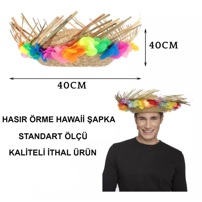 Naturel Renk Püsküllü Örme Hasır Hawaii Luau Aloha Şapka 13x36 cm (4549)
