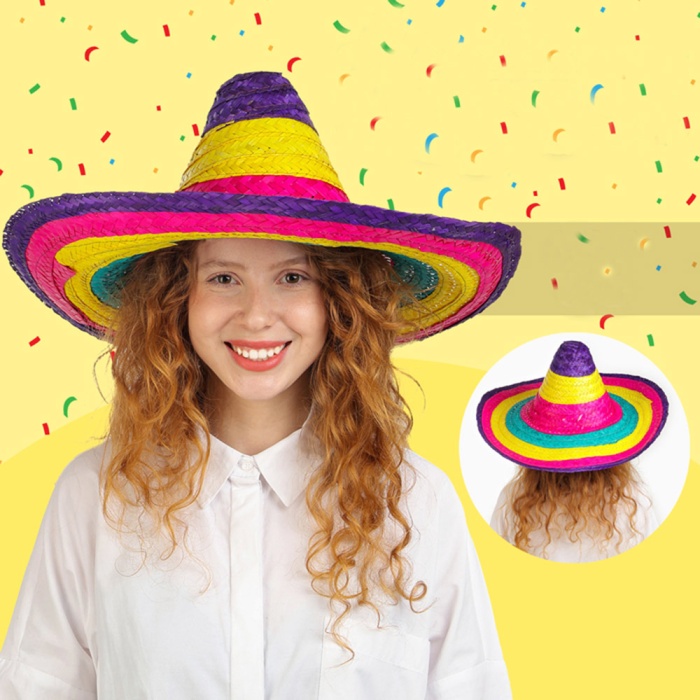 Sombrero Meksika Şapkası Renkli Örme Hasır Çocuk Boy (4549)