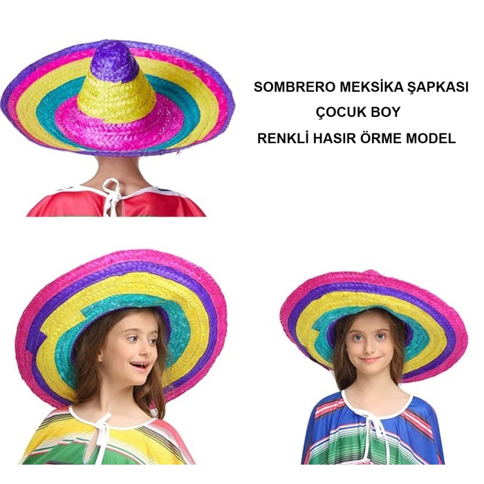 Sombrero Meksika Şapkası Renkli Örme Hasır Çocuk Boy (4549)