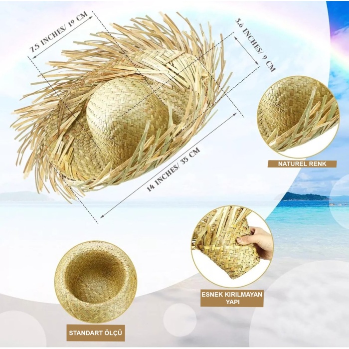 Tropikal Parti Naturel Hasır Hawaii Şapkası 13x36 cm (4549)