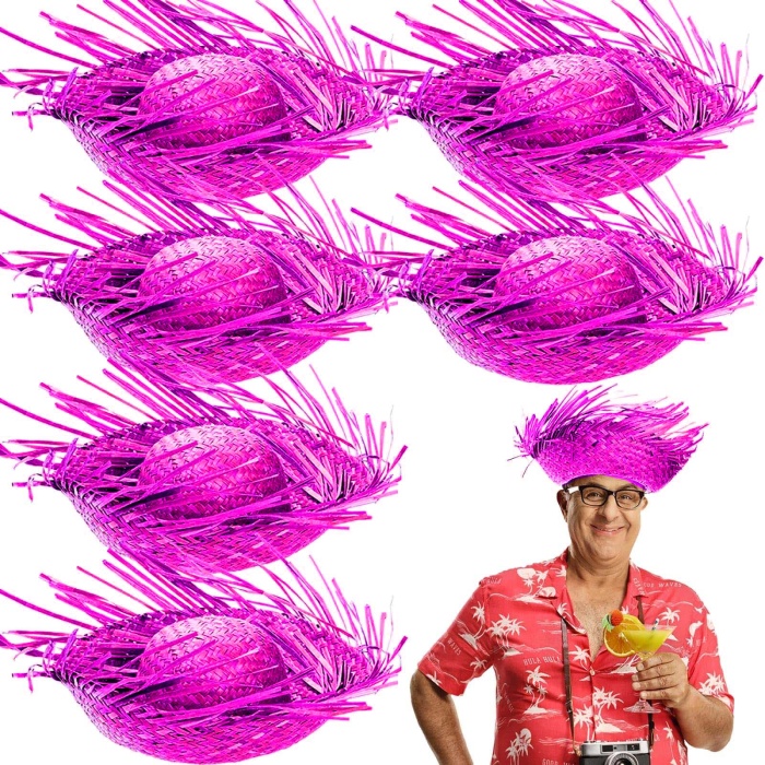Tropikal Parti Pembe Fuşya Hasır Hawaii Şapkası 13x36 cm (4549)