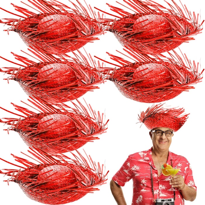Tropikal Parti Kırmızı Hasır Hawaii Şapkası 13x36 cm (4549)