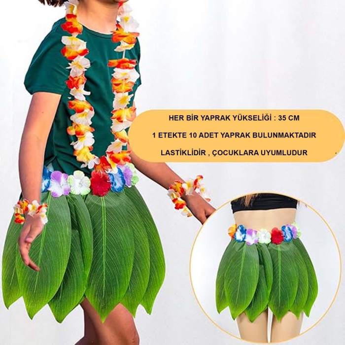 Tropikal Esintili Hawaii Yapraklı Parti Eteği Çocuk Boy (4549)
