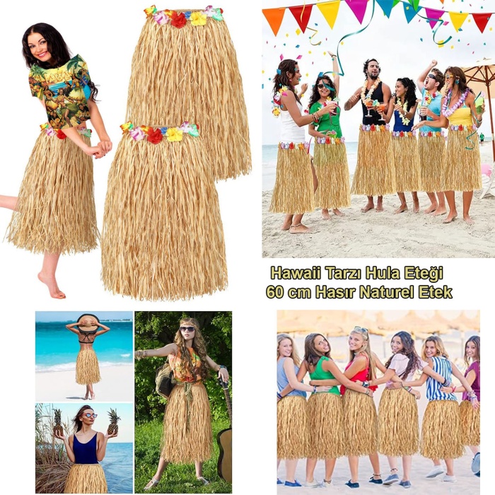 Hawaii Tarzı Hula Eteği – 60 cm Hasır Naturel Etek (4549)