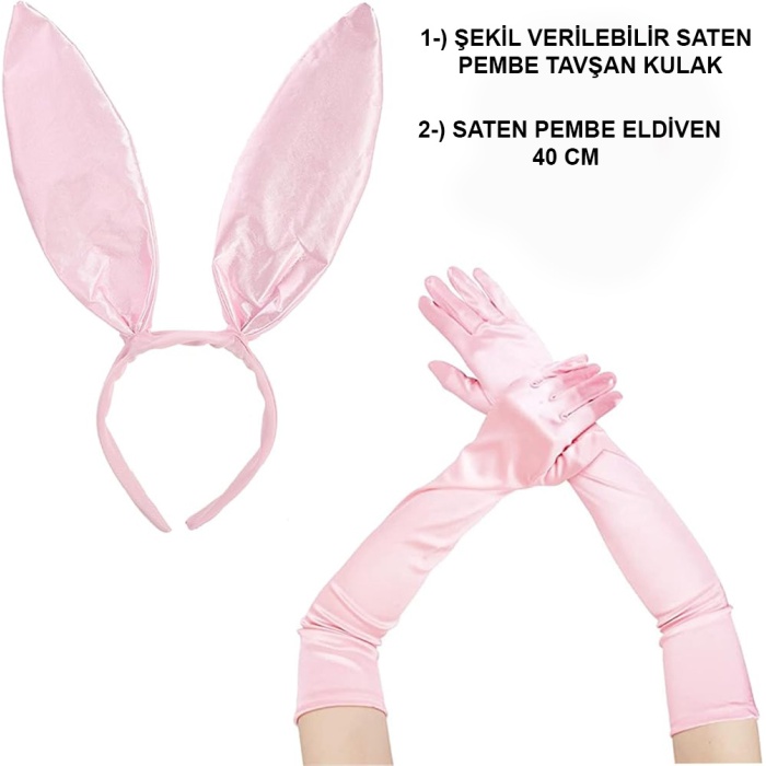 Saten Kaplama Soft Pembe Eldiven 40 cm ve Tavşan Kulak 2 li Set (4549)