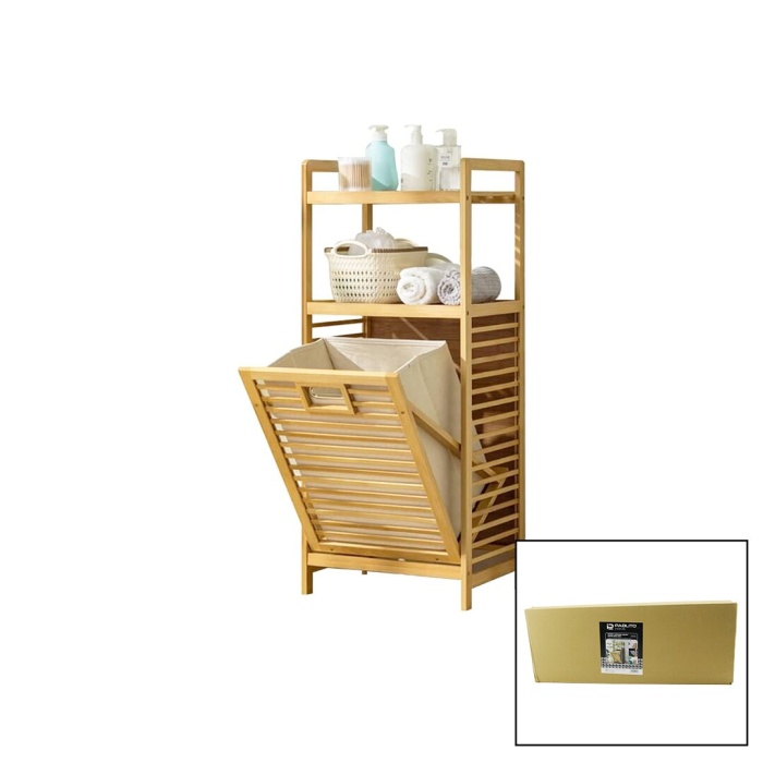 2 RAFLI - AHŞAP BAMBU KİRLİ ÇAMAŞIR ÇEK AÇ SEPETİ SPT=40X30X53CM RAF=31CM+53+11=Y=95CM (4549)
