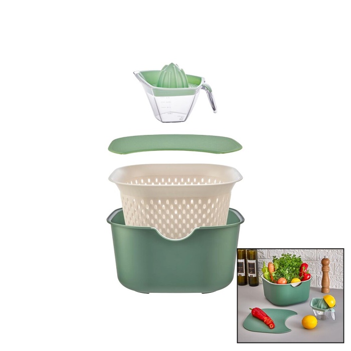 YEŞİL 5PCS MUTFAK SETİ PLS.KARIŞTIRMA KAP=4LT - SÜZGEÇ=3.5LT - KESİM PANO - SIKACAK=0.25LT (4549)