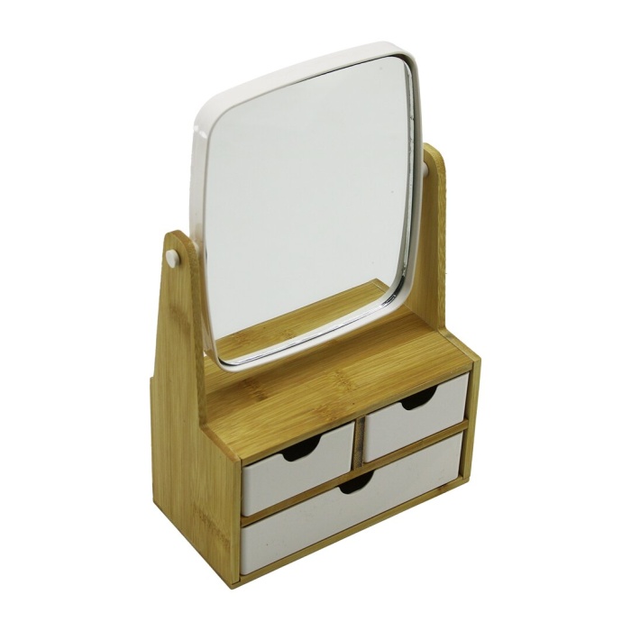 3 ÇEKMECELİ BAMBU AHŞAP STANDLI=9X9.5X18X21.5CM MAKYAJ AYNASI=15X18CM TAKILIK 2+1 ORGANİZER (4549)