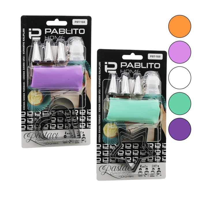8PCS PASTA SÜSLEME DEKORASYON SETİ=KREMA TORBASI - METAL UÇ - KURABİYE KALIP=KALP-YILDIZ (4549)
