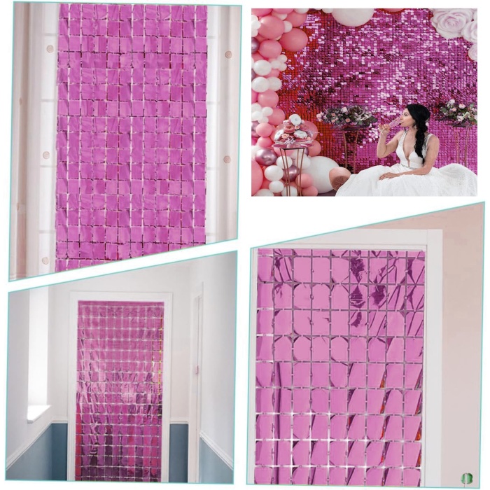 Ekstra Metalize Rose Gold Renk Disko Dikdörtgen Kesim Kapı Perdesi Dekorasyon 1x2 Metre (4549)