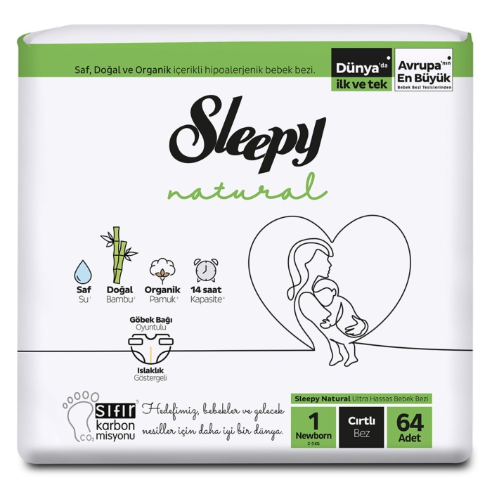 Sleepy Natural 1 Numara Yenidoğan Jumbo 64 Adet Bebek Bezi