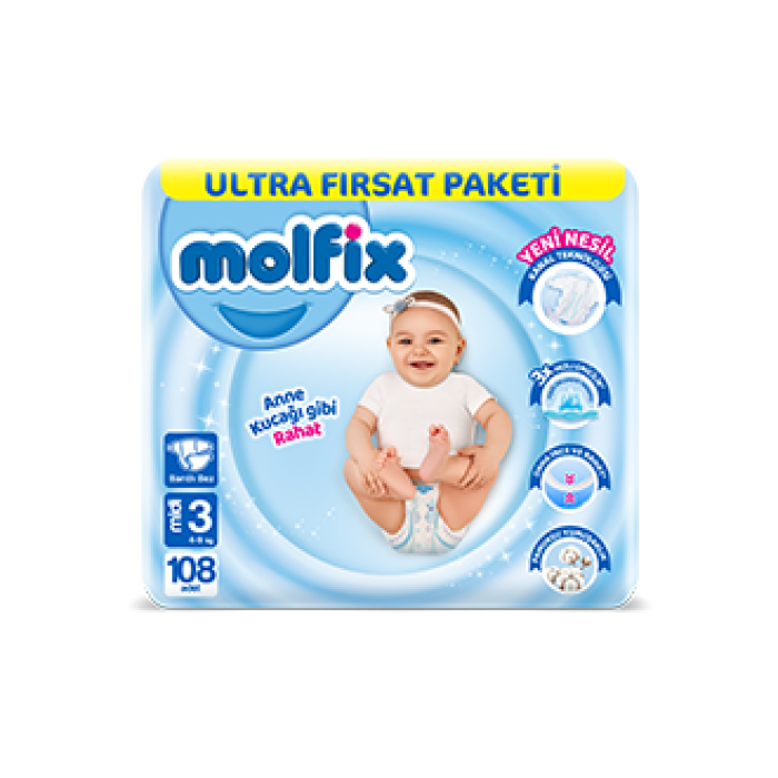 Molfix 3 Numara Ultra Fırsat Paket Bebek Bezi 108 Adet