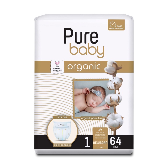 Pure Baby Organik Pamuklu Cırtlı Bez 1 Numara Yenidogan 64 Adet