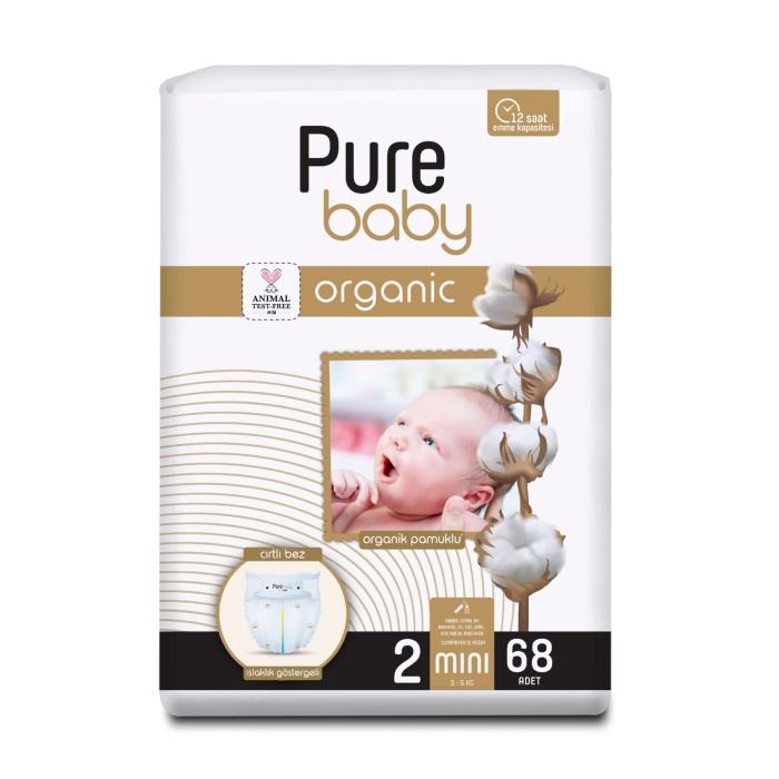 Pure Baby Organik Pamuklu Cırtlı Bez 2 Numara Mini 68 Adet