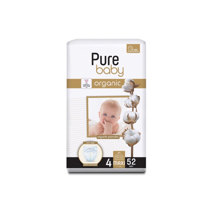 Pure Baby Organik Pamuklu Cırtlı Bez 4 Numara Maxi 52 Adet