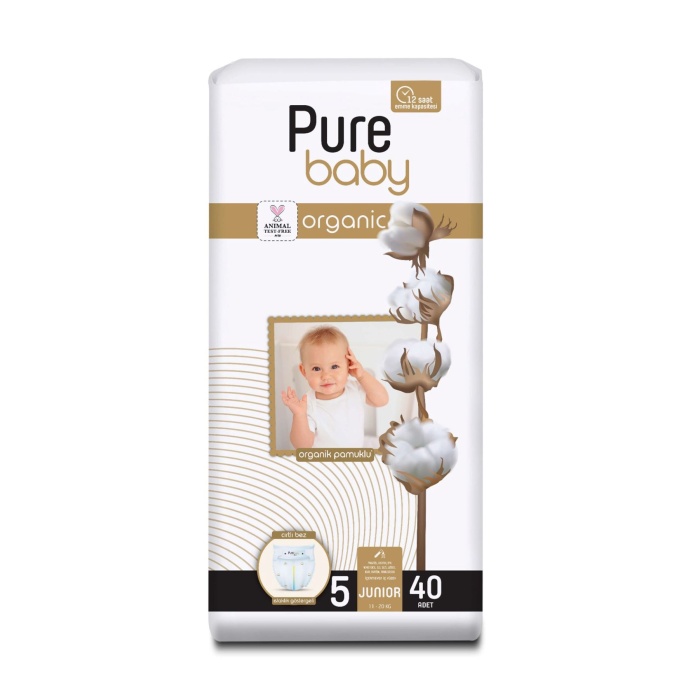 Pure Baby Organik Pamuklu Cırtlı Bez 5 Numara Junior 40 Adet