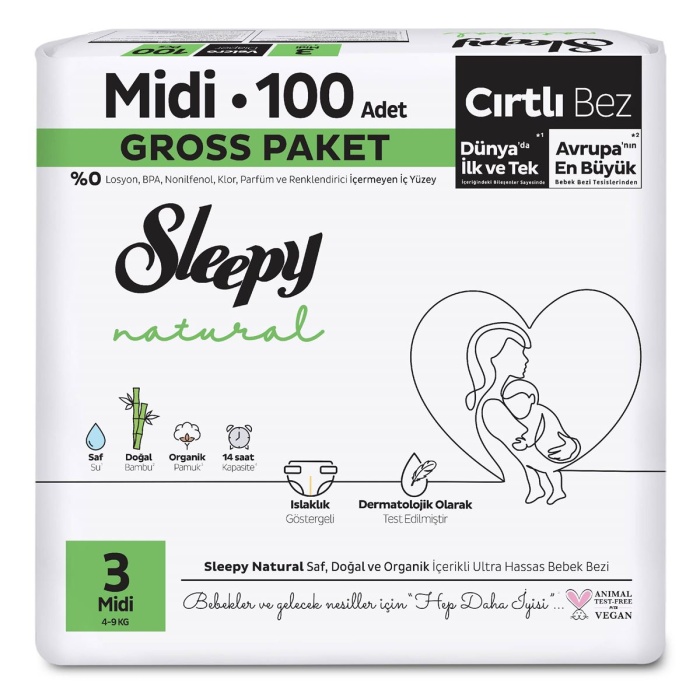 Sleepy Natural Gross Paket Bebek Bezi 3 Numara Midi 100 Adet