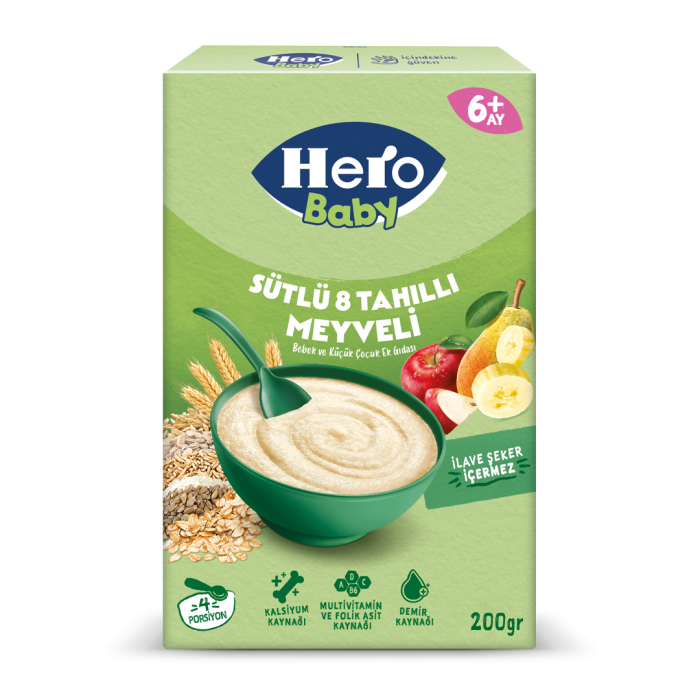 Hero Baby Sütlü 8 Tahıllı Meyveli Kaşık Mama 200 gr
