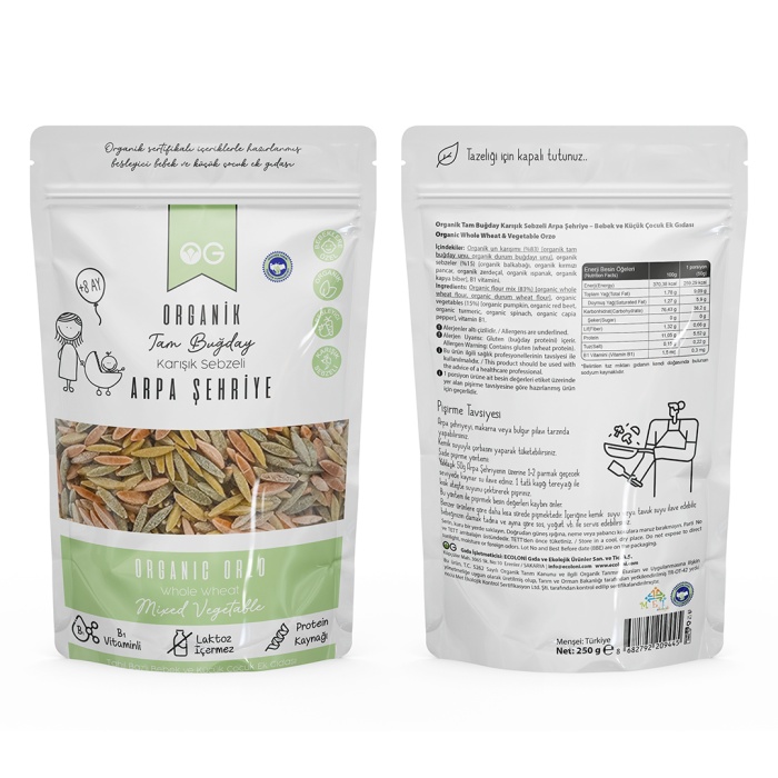 Organik Karışık Sebzeli Tam Buğday Arpa Şehriye 250 Gr +8 Ay