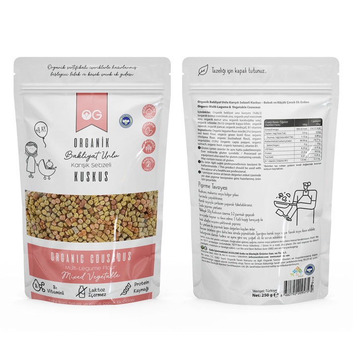 Organik Karışık Sebzeli Bakliyat Unlu Bebek Kuskus 250 Gr +8 Ay