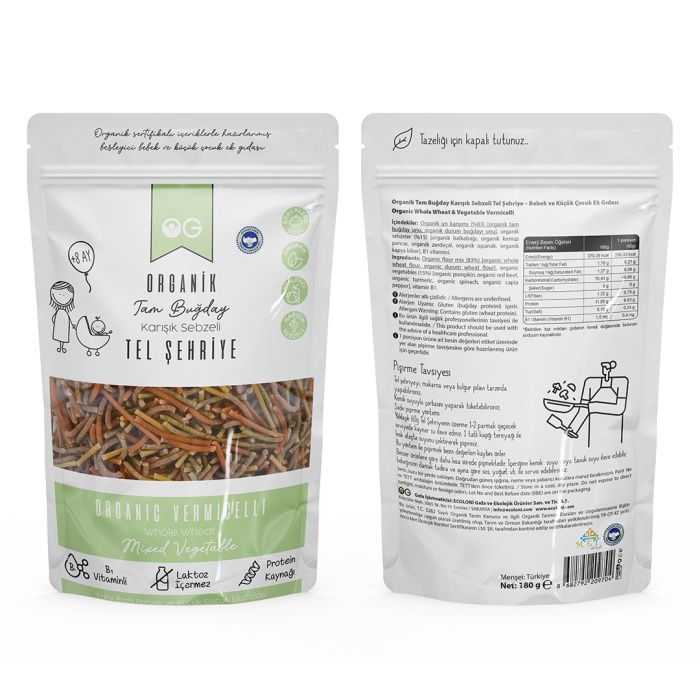 Organik Karışık Sebzeli Tam Buğday Tel Şehriye 180 Gr +8 Ay